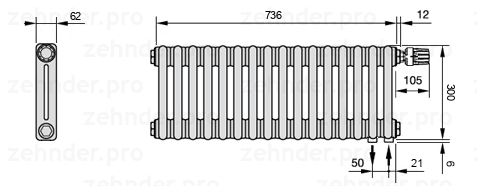 Схема (чертеж) Радиатор Zehnder Charleston 2030/16 №V002 Белый глянцевый RAL 9016